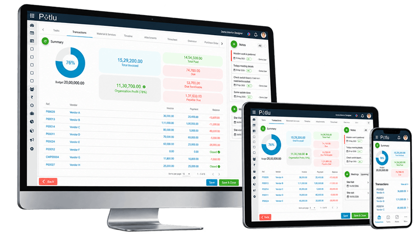 Potlu interior design project and business management software on desktop, tablet and mobile